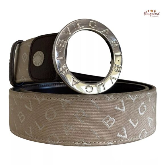 Authentic BVLGARI Beige Canvas Dark Brown Leather Silver Round Buckle 85/34